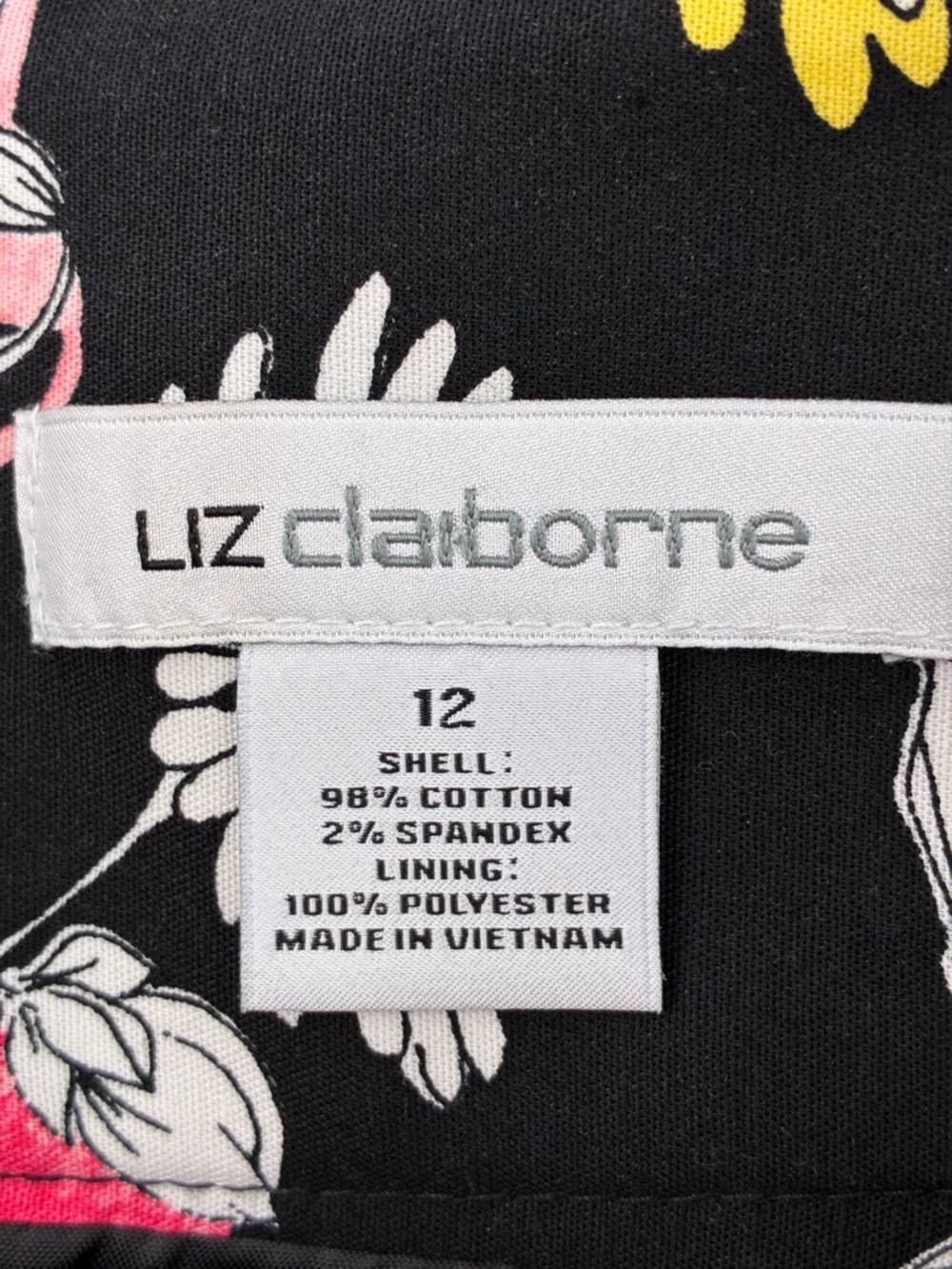 Liz Claiborne Floral Pencil Skirt Size 12 Black Pink Yellow Lined Stretch Cotton - Picture 7 of 7